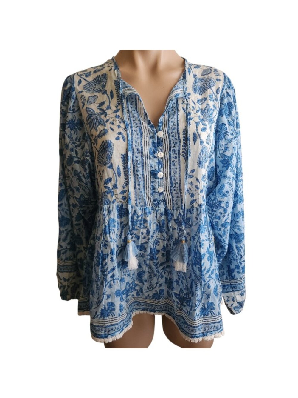 Chelsea & Theodore Blue Floral Tassel Tie Long Sleeve Tunic Top XS/TP